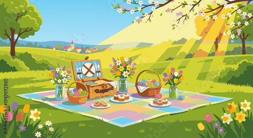 Easter Morning Picnic

A pastel picnic blanket in a spring meadow, decorated with Easter eggs, fresh flowers, a wicker basket, and soft morning sunlight.