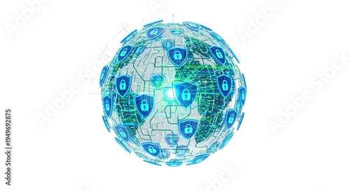 A futuristic globe with blue shields and locks on a transparent background, symbolizing global cybersecurity and data protection