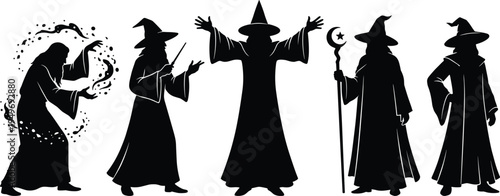 Black Wizard Silhouette Set Featuring Magical Sorcerers Casting Spells Holding Wands and Staves for Fantasy Design Mythical Characters and Vector Graphics