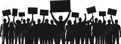 Black silhouette of a diverse group of people protesting and holding blank signs for social justice, activism, and community demonstration.