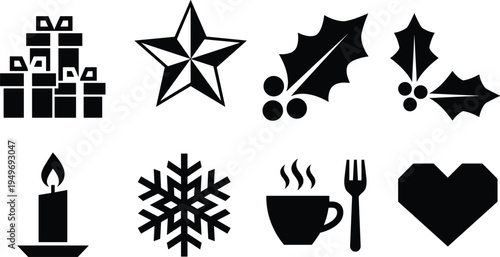 Christmas icon set vector illustration featuring gift boxes, star, holly, candle, snowflake, coffee cup, and heart isolated on white background.