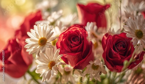 Romantic Bouquet - Red Roses and White Daisies in Soft, Dreamy Light.