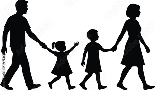 Happy family silhouette vector illustration with father, mother, son and daughter walking together holding hands isolated on white background background.