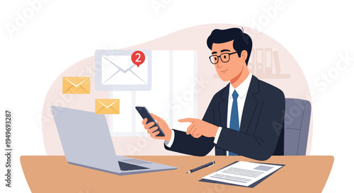 Professional businessman in suit and glasses checking email notifications on smartphone at desk with laptop and paper document. Vector illustration of digital communication and office work.