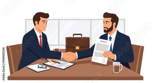 Two professional businessmen in suits shaking hands across a desk with a contract document, leather briefcase, pens, and coffee cups in an office, flat vector illustration.
