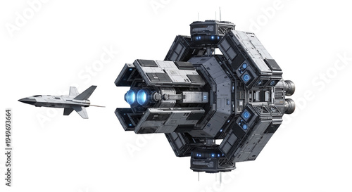A futuristic spaceship and a fighter jet flying in space on a transparent background
