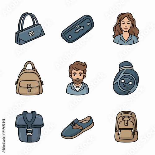 Collection of fashion accessories and avatars icons.