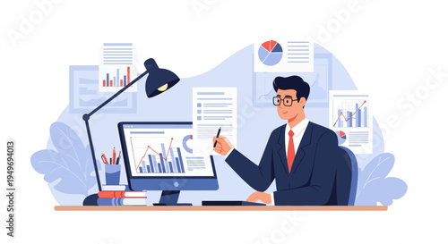 Businessman in a suit analyzing financial data and KPI reports on a computer monitor and paper documents, featuring bar charts and line graphs in a flat vector office illustration.