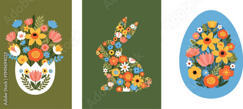 Vibrant Easter illustrations featuring a floral bunny, decorative egg, and spring bouquet in a charming graphic style.