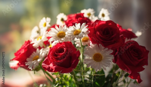 Vibrant Bouquet - Red Roses and White Daisies in Soft Sunlight.