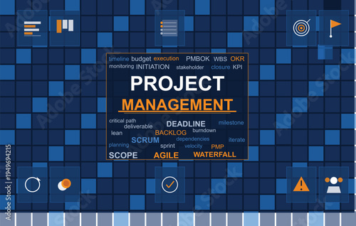 Project Management Concept: A visual representation of project management concepts, with key terms and icons arranged over a vibrant background