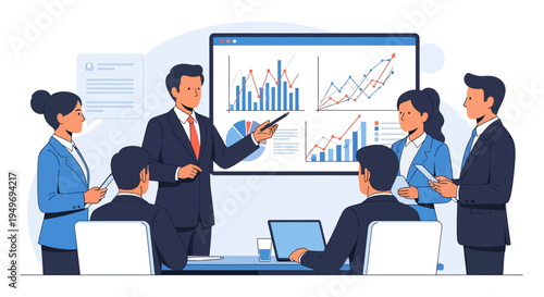 Male professional in a business suit presenting data visualizations on a digital screen including bar graphs and line charts to a group of colleagues in an office meeting setting.