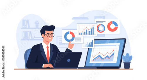 Business analyst in a suit working on a laptop with multiple floating data dashboards showing financial charts, pie graphs, and line trends for market forecasting and analysis.