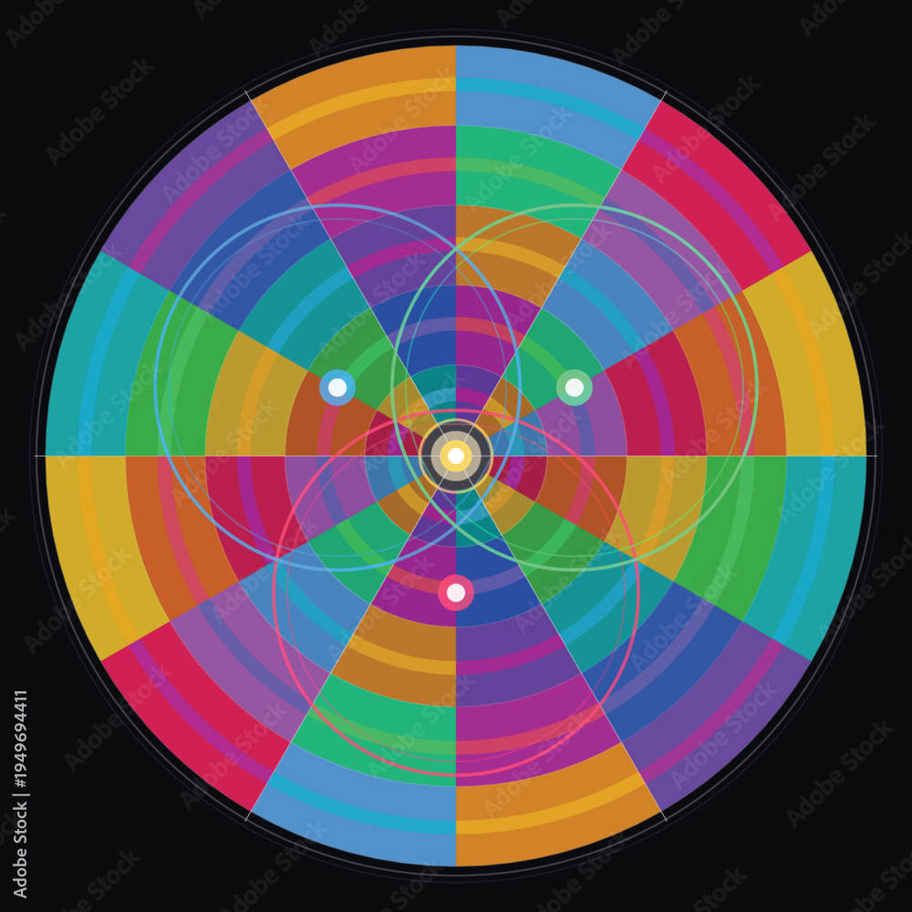 Obraz premium Celestial Geometry: An artistic display of geometric shapes and vibrant color, blending art and science with a touch of cosmic flair. 
