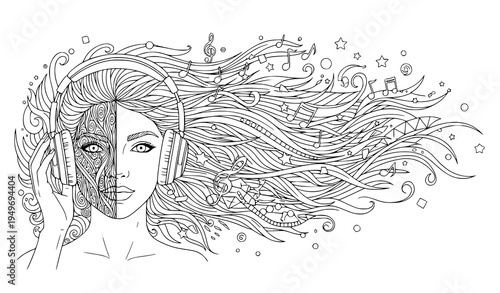 Half face girl with headphones listening to music abstract line art adult coloring book vector illustration
