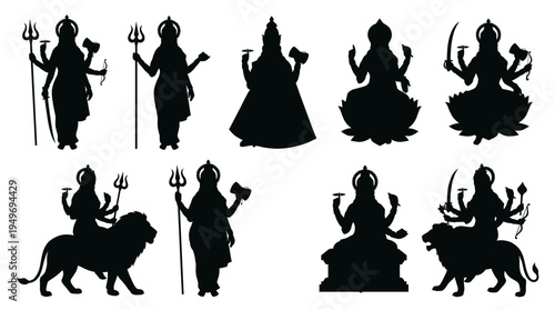 Bundle Of Hindu Goddess Silhouette Vector Icons Featuring Tulja Bhavani Durga And Lakshmi Sitting On Lotus Riding Lion For Navratri Dussehra Diwali Festival Design.