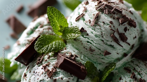 Mint Chocolate Chip Ice Cream with Fresh Mint Closeup
