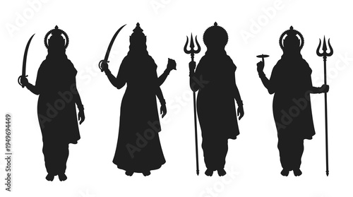 Collection Of Goddess Tulja Bhavani Standing Silhouette Vector Illustration Holding Trident And Sword Hindu Deity Graphic Elements For Dussehra Navratri Festival Design.