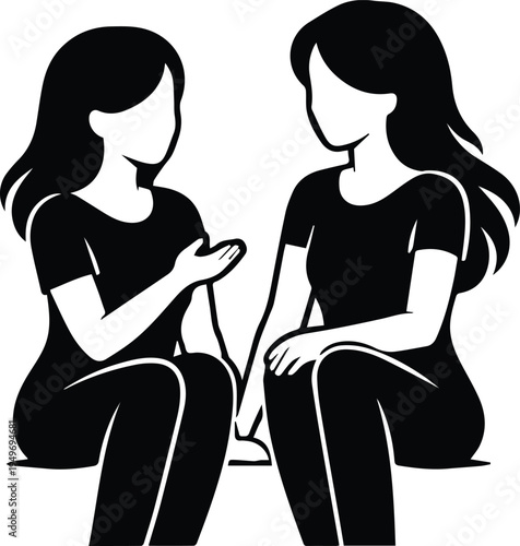 Minimalist silhouette illustration of two women sitting and talking, symbolizing female friendship, therapy session, professional advice, and social interaction for graphic design.