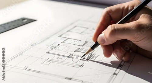 Architect drafting detailed building plans with pencil and ruler