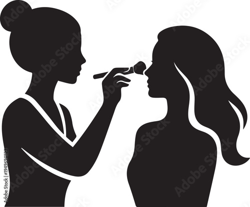 Professional makeup artist silhouette applying cosmetics with a brush to a female model, symbolizing beauty salon services, bridal preparation, skincare, and fashion makeover concepts.