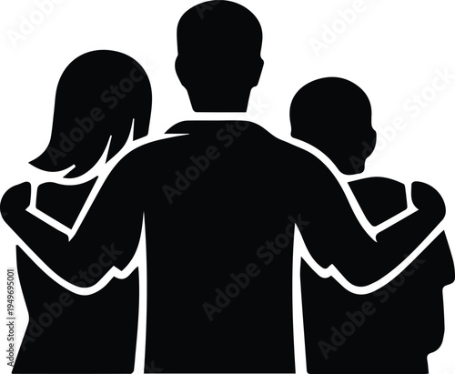 Minimalist silhouette of a father embracing his wife and child from behind, symbolizing family protection, unity, parental love, and domestic happiness for lifestyle and emotional concepts.