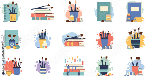 Creative art supplies vector set featuring paint brushes in jars stacked books sketchbooks and painting tools for education hobby studio and artistic design projects.