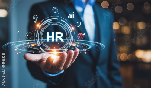 Human resources strategy concept showing goal targeting, performance objectives, and HR planning visualization, supporting talent management, productivity improvement, data driven decision making.