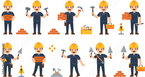 Construction worker character set featuring professional builder in hard hat holding bricks hammer and tools for home renovation industrial work and masonry.