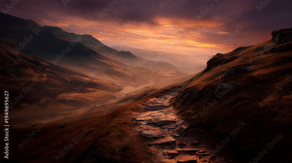 Fototapeta premium Winding Mountain Path Through a Misty Valley at Golden Sunset