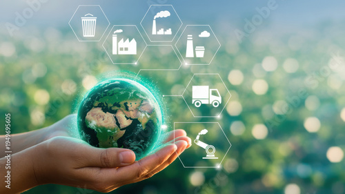 Sustainability manager managing global carbon footprint using digital technology and ESG industry icons. Concept of CO2 reduction, green supply chain, sustainable industry, circular economy