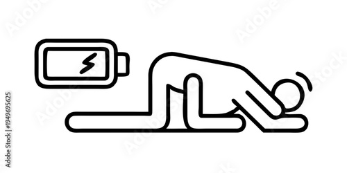 Low Battery and Exhausted Person Icon – Energy Drain Concept Line Art