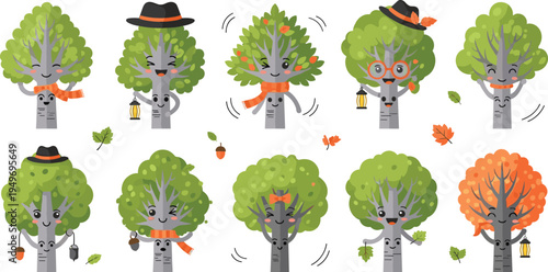 Kawaii cute tree character set featuring happy forest mascots with faces, hats, scarves, and lanterns for autumn nature education, stickers, and seasonal vector design.