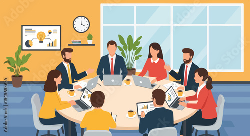 A diverse group of business professionals collaborates around a round table, working on laptops and discussing ideas in a modern office meeting.