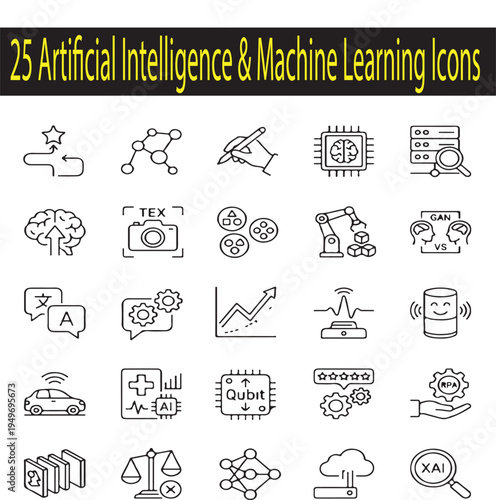 25 Artificial Intelligence and Machine Learning Line Icons - Professional AI, Neural Network, and Robotic Automation Vector Symbols
