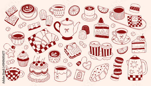 Hand drawn coffee and tea vector set with desserts, croissants, cups, teapot and sweets in Mediterranean style. Cozy cafe breakfast collection ideal for menu design, bakery branding and packaging