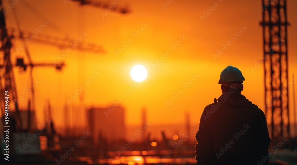 Fototapeta premium A silhouette of a worker in a hard hat admires a vibrant sunset behind construction cranes, symbolizing the merging of industry and natural beauty.