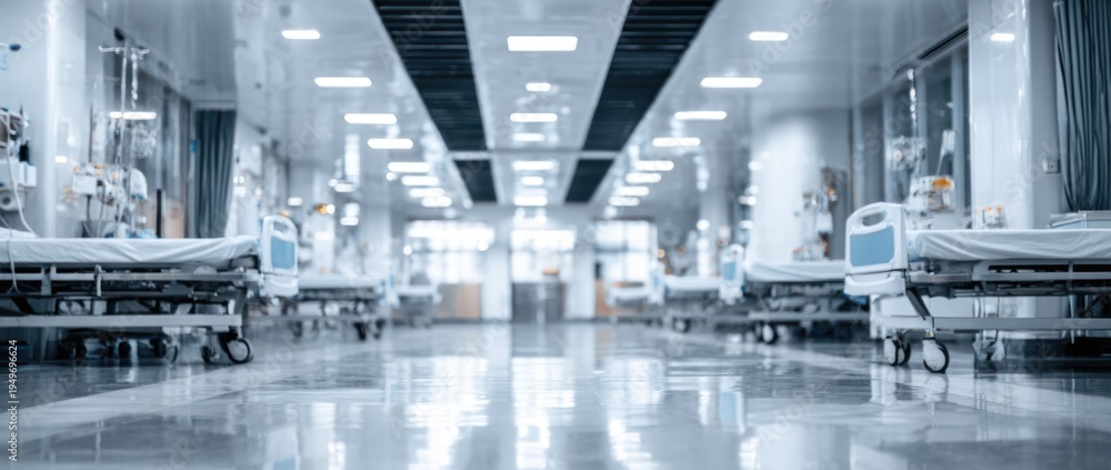 Obraz premium A modern, sterile hospital corridor lined with empty patient beds and medical equipment, emphasizing a clinical atmosphere.