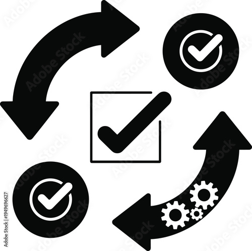 Business process workflow cycle with check marks arrows and gears vector icon set for task management automation approval system