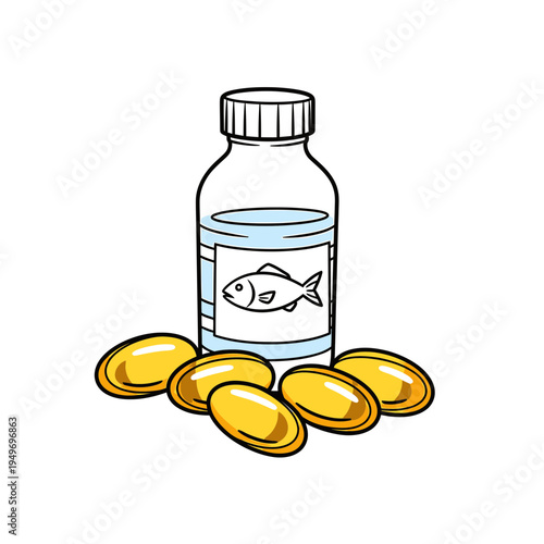 Fish Oil Supplement Bottle with Capsules vector illustration