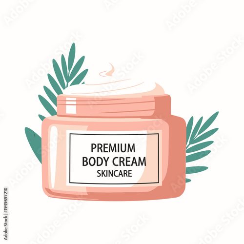 Premium Body Cream with Leaves Isolated on White Background vector illustration