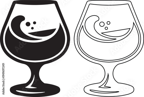 Silhouette and outline vector illustration of a brandy snifter glass with a splashing wave of liquid inside, ideal for luxury beverage branding, bar menus, and elegant drink icons.