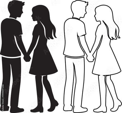 Romantic silhouette and line art vector of a young couple holding hands while facing each other, ideal for wedding invitations, Valentine's Day cards, and relationship themed graphics.