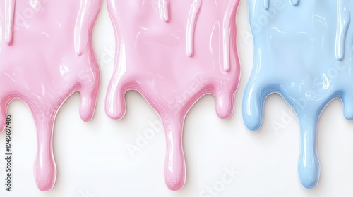 82.Three-tier pastel dripping icing border with creamy white, pink, and blue layers, realistic glossy texture, thick liquid frosting flowing downward