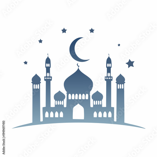 Elegant Islamic mosque silhouette with crescent moon and stars under night sky vector illustration