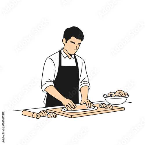 Baker Preparing Dough on a Wooden Board vector illustration