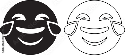 Laughing emoji vector icons with tears of joy in black silhouette and thin outline style, perfect for humorous social media content, funny reaction stickers, and happy messaging.