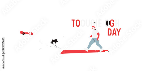 A person walks down a declining red path on a dark background with the words 'One tough day' written above.