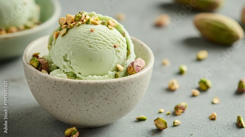 125.Rich pistachio scoop captured in crisp focus, glossy creamy finish, scattered roasted pistachios adding contrast, minimal clean background