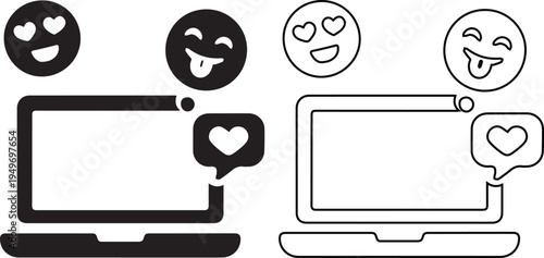 Laptop computer silhouette and line art icons with romantic heart notifications and playful emoji faces, perfect for social media marketing, online dating apps, and digital communication.